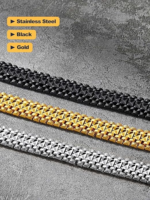 U7 Link Bracelets for Men, Cuban Link/Rope/Watch Band Solid Bracelet, Silver Black Gold Color Wrist Bracelet 3/6/9/12/15mm Width, 6.5/7.5/8.3 Inch Length, Hand Chain Jewelry for Mens Women