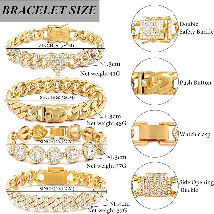 shopbyskyler 4PCS Gold Bracelets for Women Silver Clustered Tennis Bracelet for Women Heart Round Diamond Cuban Bracelet Layered Link Bracelet Set Fashion Jewelry for Women Set