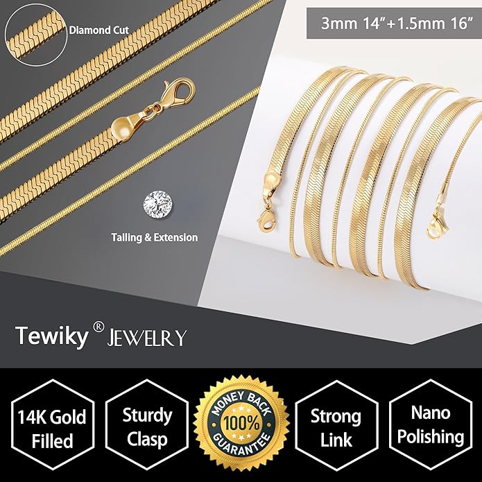 Tewiky Layered Necklaces for Women Non Tarnish- Chunky 14k Gold Plated Herringbone/Snake/Rope/Box/Cuban Link Chain for Women Waterproof Layering Stack Choker Necklace Trendy Dainty Tarnish Free Jewelry Set