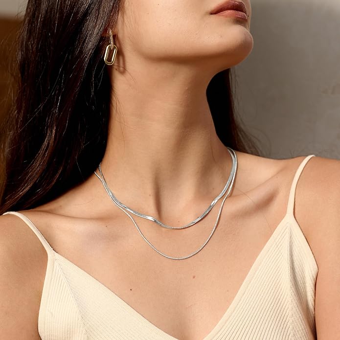 CHESKY 14K Gold/Silver Plated Snake Chain Necklace Herringbone Necklace Gold Choker Necklaces for Women Gifts Jewelry 1.5/3/5MM(W) 14"/16"(L)