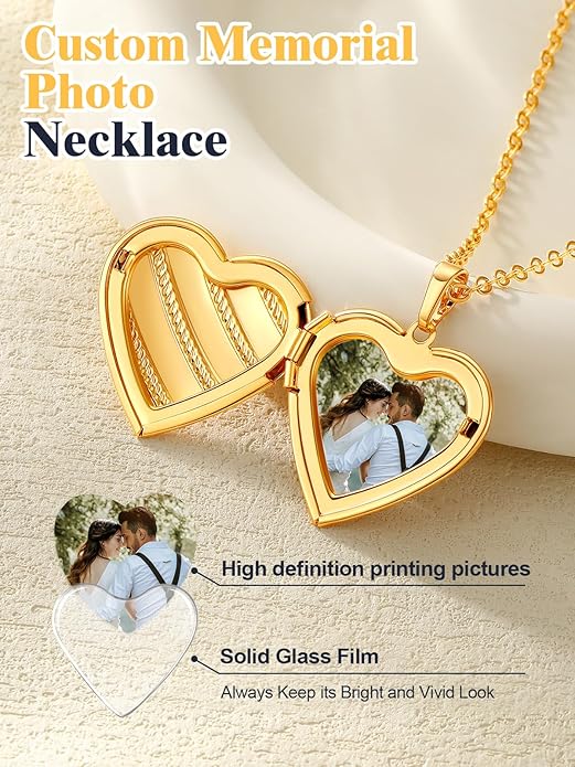 U7 Women Locket Necklace Platinum 14K Gold Photo Lockets that Hold Picture,Chain 20 Inch Personalized Gift Custom Love Heart Image Necklaces