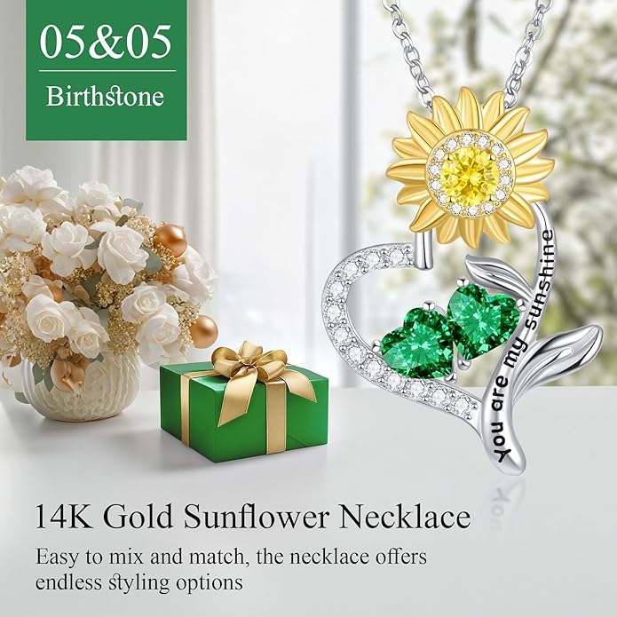 PERJI Valentine's Day Gifts for Women - 925 Sterling Silver Double Birthstone Sunflower Necklace, Anniversary Birthday Jewelry You are My Sunshine Gifts for Wife Couple Girlfriend 18"+2" Non Tarnish
