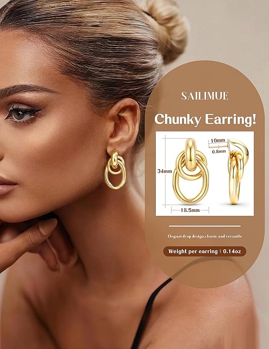 14K Gold Plated Knot Statement Earrings for Women Hypoallergenic Chunky Drop Dangle Earrings - Lightweight Fashion Accessories Gold Jewelry Gifts for Womens Trendy