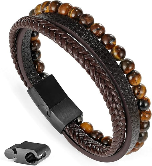 Gifts for Men - Layered Leather Beads Bracelet, Tiger Eye Lava Rock Stone Braided Leather Bracelets for Men Adjustable Magnetic Clasp Birthday Gifts