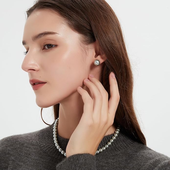 Pearl Necklace 18 inch and Pearl Earrings Studs, Lustrous Gorgeous Imitated Silver/White Pearls Jewelry Set For Women