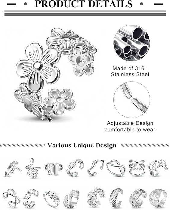 LOLIAS 16Pcs Stainless Steel Rings for Women Chunky Silver Rings Non Tarnish Stackable Ring Open Adjustable Thumb Finger Statement Rings Set