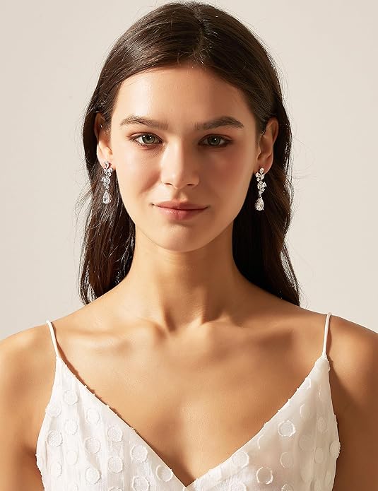 EAMTI Teardrop Wedding Earrings for Women Cubic Zirconia Dangle Bridal Earrings 925 Sterling Silver Post Pear Cut Earring for Prom Bridesmaid