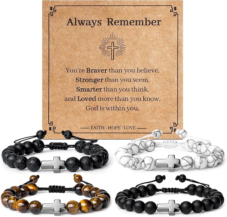 Romass 2Pcs Cross Bracelet for Men,Tiger Eye Beaded Bracelets 8MM Natural Stone Adjustable Jewelry Christian Easter Christmas Gifts Box