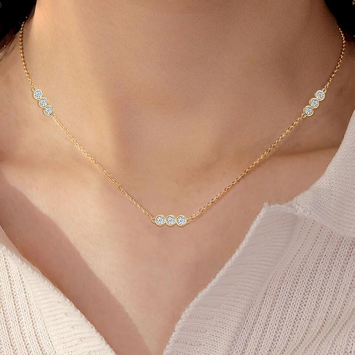3-Stones Choker Necklace for Women, 0.9cttw D Color Moissanite Pendant 925 Sterling Silver Adjustable Chain, Elegant Jewelry Gifts for Wife or Mom