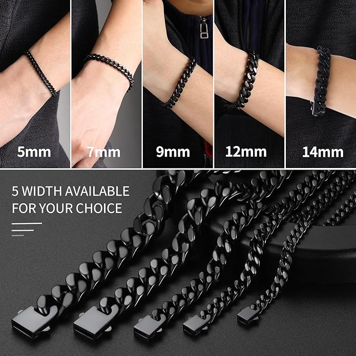 ChainsHouse Stainless Steel Cuban Link Bracelet for Men, 5mm/7mm/9mm/12mm Width, 7.5"/8.3"/9" Length, Black/18K Gold Plated Chain Wrist Bracelets for Men, with Gift Box