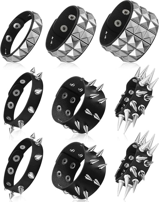 Hicarer 9 Pieces Spiked Studded Bracelet Black Leather Rivet Punk Bracelet Cuff Wrap Bangle Snap Button Metal Wristband for Men Women
