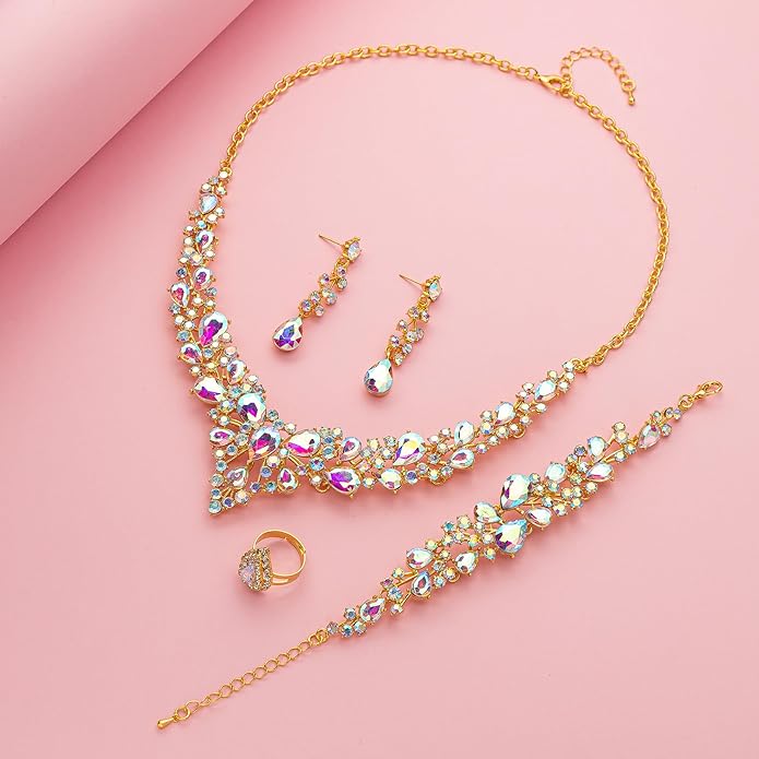 Paxuan Crystal Bridal Wedding Jewelry Sets for Women Rhinestone Teardrop Crystal Statement Choker Necklace Drop Earrings Link Bracelets Rings Teardrop Jewelry Set for Brides Bridesmaids