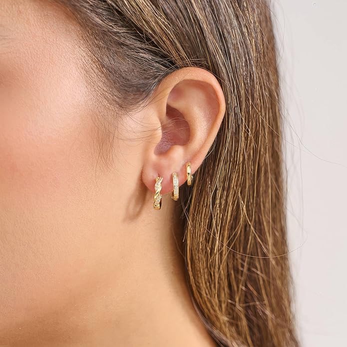 3Pairs Small Gold Huggie Hoop Earrings for Women,Romantic heart,Twisted braid two colors,3 CZ Hoop,5 Round Zircon Sport Hoops Earrings Set,14K Gold Filled Silver Hypoallergenic Earring Excellent gift