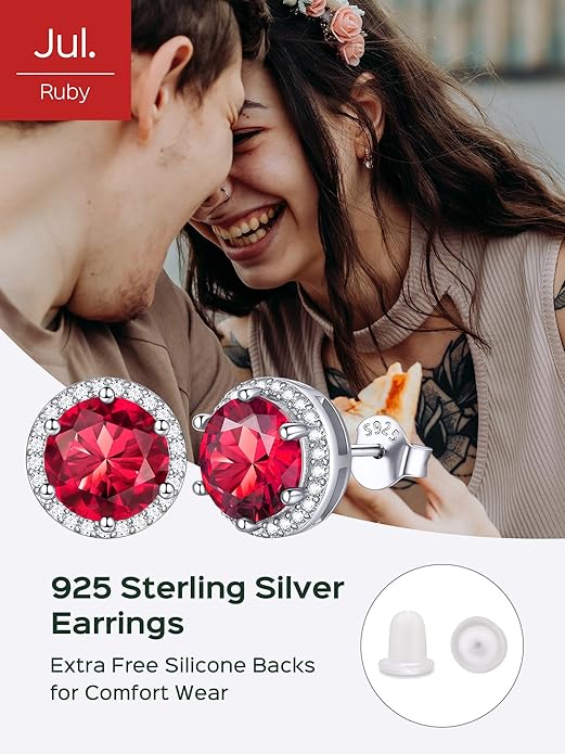 ChicSilver 925 Sterling Silver Birthstone Earrings for Women, 8MM/2 Carat Heart & Round Cubic Zirconia Stud Earrings, Hypoallergenic Jewelry, Ideal Birthday or Christmas Gifts