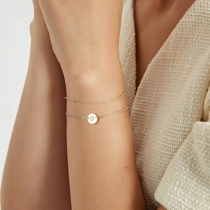 MONOZO Gold Initial Bracelets for Women Girls Christmas Gifts - Dainty 14K Gold Plated Layered Beaded Letter Initial Bracelet 26 Alphabet Disc Monogram Charm Bracelet Jewelry Christmas Gifts for Women