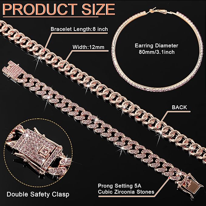Batiyeer 3 Pcs Cuban Link Chain Necklace Bracelet Rhinestone Hoop Earrings Bling Crystal Hip Hop Jewelry for Women(16 Inch,Rose Gold Pink)
