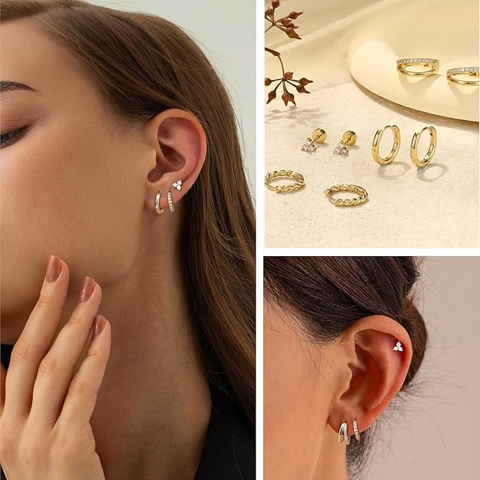 BESTEEL Small Hoop Earrings for Women - Hypoallergenic 14K Gold Plated Surgical Steel Chunky Huggie Earings Stacks Set Dainty Cute Cartilage Flat Back Stud Jewelry Trendy Gift 4 Pairs