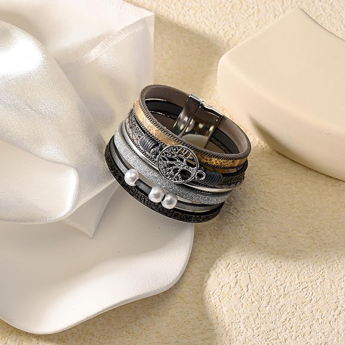 VIBILIA Boho Leather Wrap Bracelets for Women Multi-Layer Bracelets with Strong Clasp Jewelry for Women