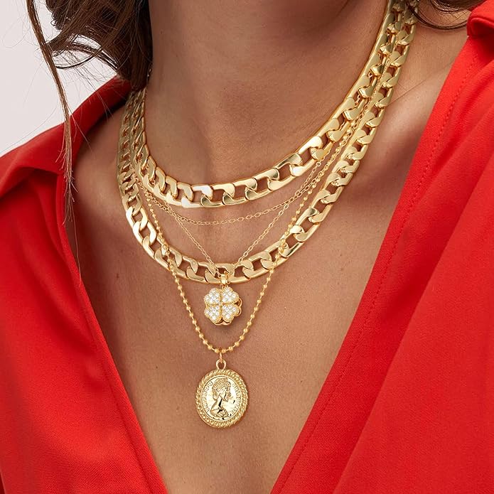 MJartoria Layered Necklaces for Women Trendy Retro Coin Pendant Necklace Dainty Chunky Chain Choker Necklaces for Jewelry Birthday Gifts
