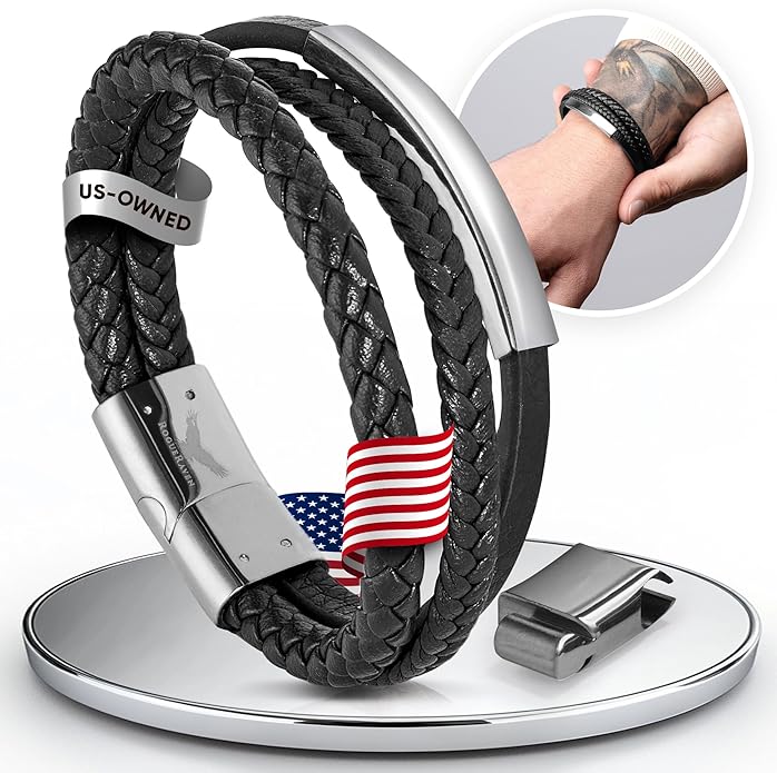 RogueRaven Black Leather Bracelet for Men – Premium Collection – Brown Black Gold Silver | Genuine Leather Mens Bracelet with Stainless Steel Clasp [Adjustable] | In Luxury Gift Box