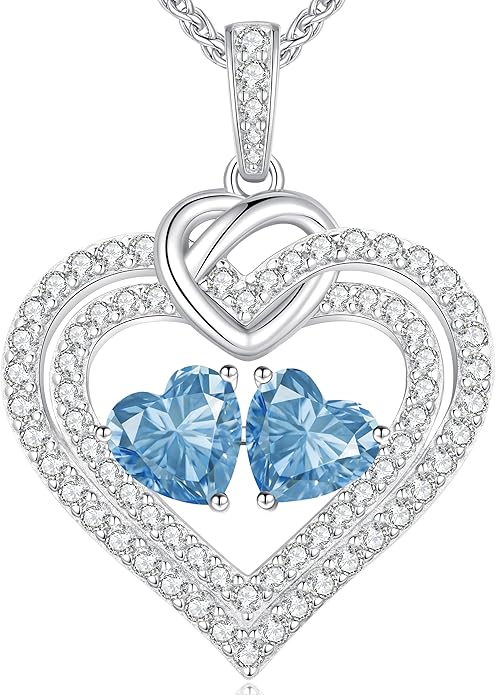 LOUISA SECRET Sparkling Double Heart Birthstone Necklaces for Women, 925 Sterling Silver Fine Jewelry, Pendant Heart Necklaces Birthday Anniversary Christmas Gift for Women Wife Mom Girlfriend Lady