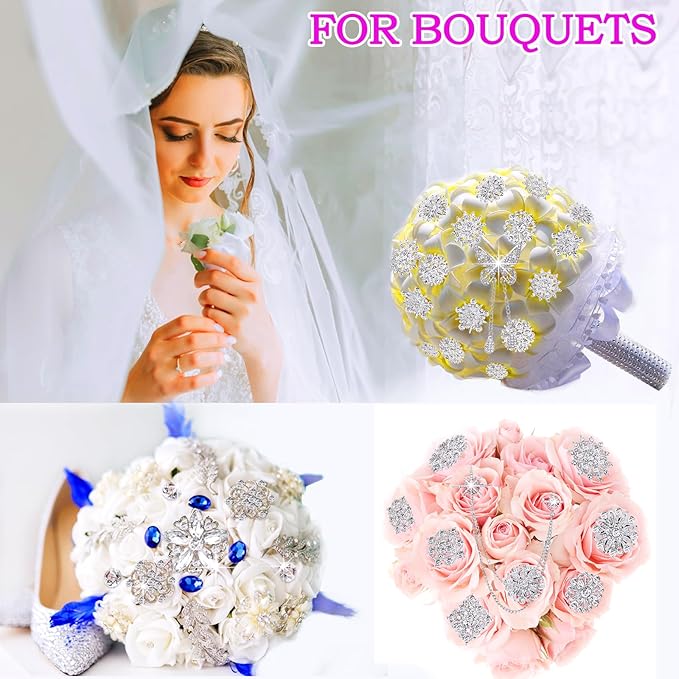 Yhsheen Silver Rhinestone Brooches Pin Kits Crystal Pearl Brooches for Bouquets for Wedding Decoration Accessories Jewelry Making Crafts(Sliver-14PCS)-C