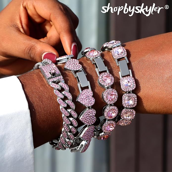 shopbyskyler 4PCS Gold Bracelets for Women Silver Clustered Tennis Bracelet for Women Heart Round Diamond Cuban Bracelet Layered Link Bracelet Set Fashion Jewelry for Women Set