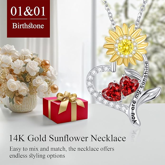 PERJI Valentine's Day Gifts for Women - 925 Sterling Silver Double Birthstone Sunflower Necklace, Anniversary Birthday Jewelry You are My Sunshine Gifts for Wife Couple Girlfriend 18"+2" Non Tarnish