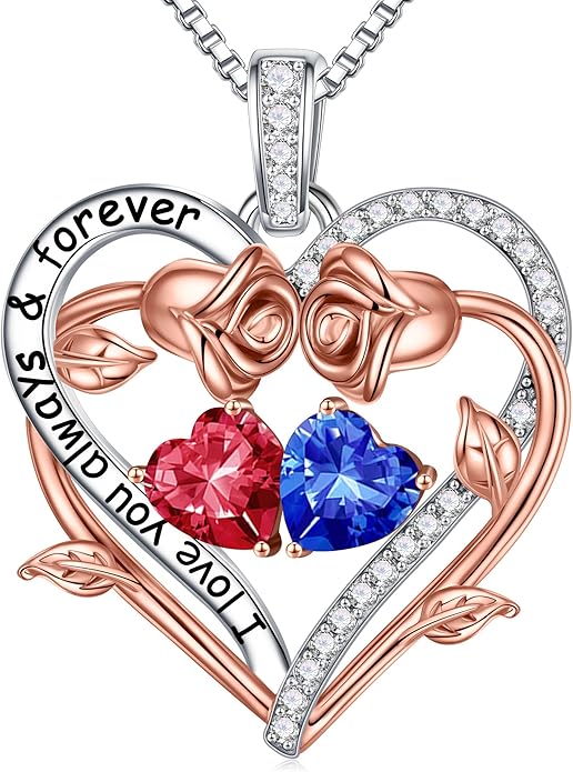 Iefil Rose Heart Double Birthstone Necklace Gifts for Wife Her Mom Women, Birthstone Jewelry Gemstone Birthday Gifts for Girlfriend Grandma Her Wife Women