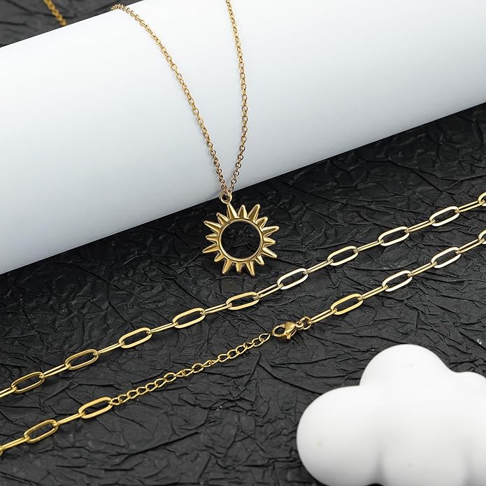 Sunflower Jewellery Layered Gold Dragon Pendant Necklace with Chain Link Choker, Gothic Fantasy Style, Double Chain Design