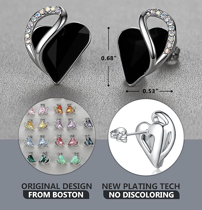 Earrings for Women, Mothers Day Gift for Mom, Heart Birthstone Crystal Stud Earring, Silver Plated Birthday Jewelry
