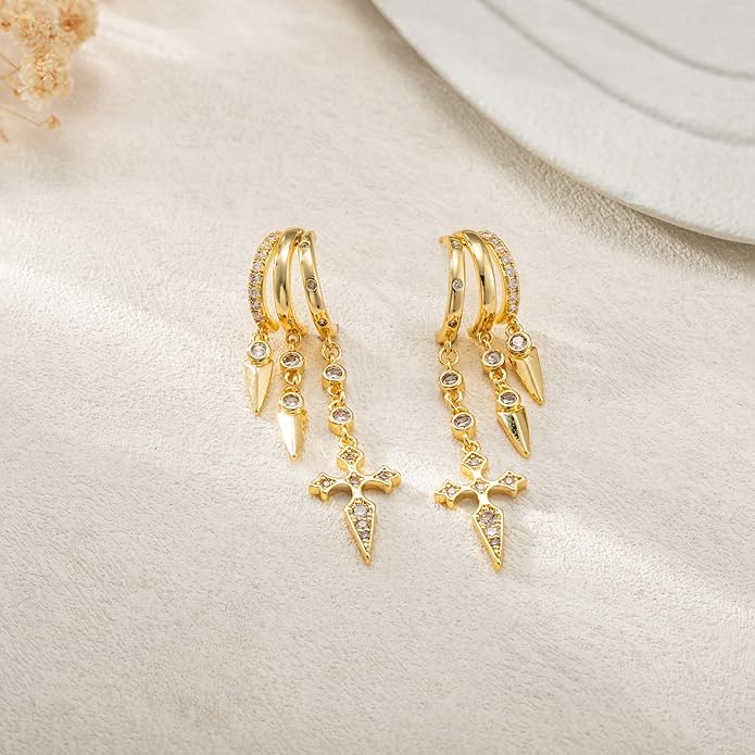 Dangle Earrings for Women,14k Gold Plated Triple Huggie Stud Earrings Dainty Drop Earrings for Women Trendy Gold Statement CZ Long Chain Earrings Non Tarnish Jewelry