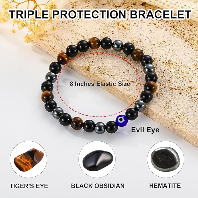 Triple Protection Bracelet for Men, Mens Black Obsidian Hematite Tiger Eye Beaded Natural Stone Evil Eye Bracelet Jewelry Gifts for Birthday Christmas