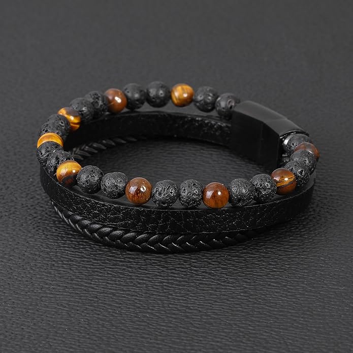 Gifts for Men - Layered Leather Beads Bracelet, Tiger Eye Lava Rock Stone Braided Leather Bracelets for Men Adjustable Magnetic Clasp Birthday Gifts