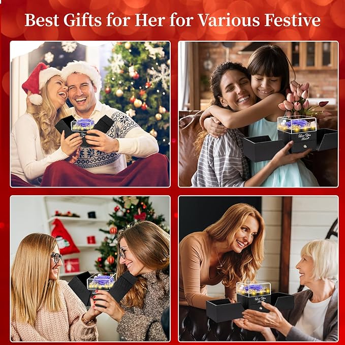 Preserved Violet Real Rose with Heart I Love You Necklace -Eternal Flowers Rose Birthday Gifts for Women Her Mom Wife Girlfriend Grandma on Valentines Mothers Day Christmas Anniversary Romantic-Violet