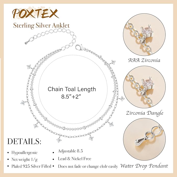 Sterling Silver Anklet Bracelets for Women Waterproof, 925 Sliver Plated CZ & Heart Charm Dainty Layer Anklets for Women Trendy, Simple Chain Anklets Set Gifts for Women, Jewelry Gifts for Her Women Mom Wife Girlfriend