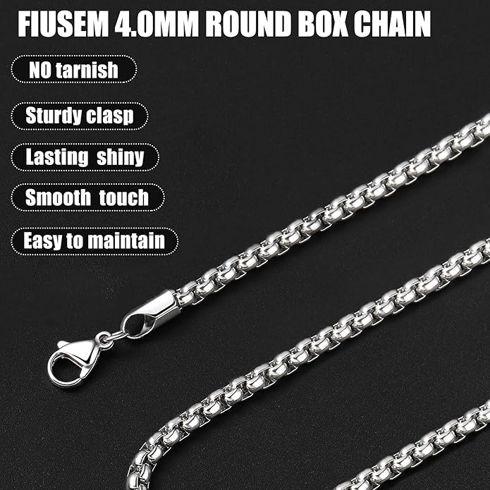Fiusem Box Chain for Men, Silver Tone/14K Gold Plated/Black Stainless Steel Necklace for Men and Women, Width 2/2.5/3/4/5mm, Length 18-28 Inches