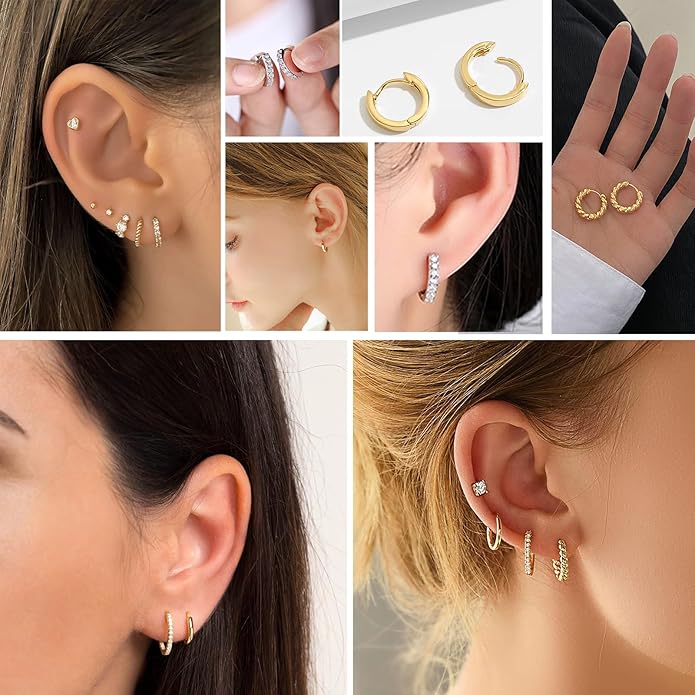 Cocadant 6 Pairs 925 Sterling Silver Small Hoop Earrings for Women,14k Real Gold Hypoallergenic Tiny Cubic Zirconia Cartilage Huggie Earring Sets for Multiple Piercing Trendy Jewelry 8/10/12mm