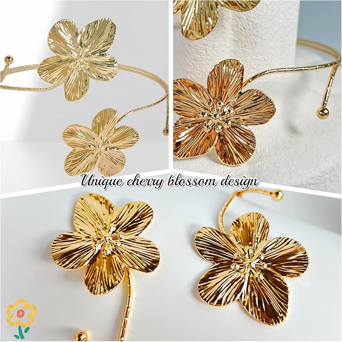 Gold Flower Arm Cuff | Adjustable Cherry Blossom Arm Bracelet Upper Arm | Boho Jewelry for Women, Daily/Party Gift