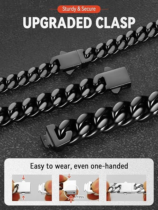 FaithHeart Mens Stainless Steel Cuban Link Bracelet - 5/7/9/12mm Width 7.5"/8.3"/9" Black/Silver/Gold Plated Heavy Duty Wrist Chain Bracelet Hip Hop Jewelry Birthday Gifts for Him