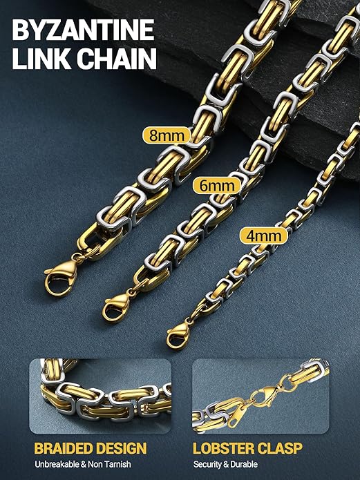 PROSTEEL 4MM/6MM/8MM Stainless Steel Necklace for Men Women, Stylish and Cool, Byzantine Chain Black Gold Silver Tone, 18-30 Inches, Come Gift Box