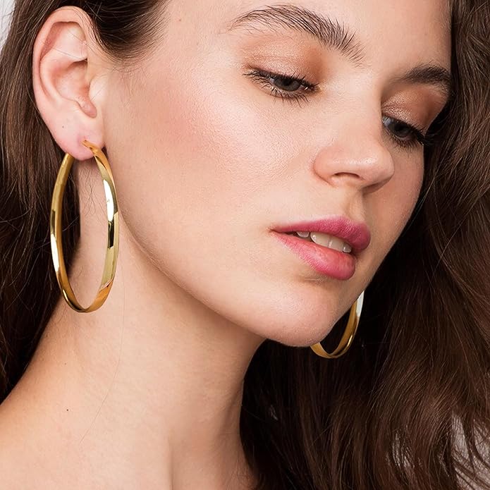 EXGOX 5mm Wide Gold Hoop Earrings for Women,Sterling Silver Hoop Earrings Large Silver Hoop Earrings Hypoallergenic Lightweight 14K Real Gold Plated Big Hoop Earrings for Women 30/40/50/60/70mm