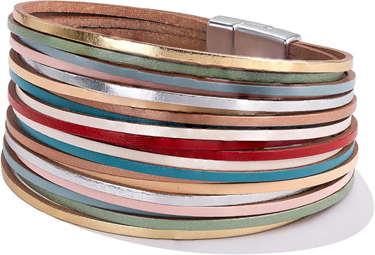 FANCY SHINY Boho Leather Wrap Bracelet Stackable Layered Bangle Cuff with Magnetic Clasp