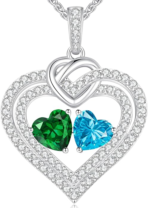 LOUISA SECRET Sparkling Double Heart Birthstone Necklaces for Women, 925 Sterling Silver Fine Jewelry, Pendant Heart Necklaces Birthday Anniversary Christmas Gift for Women Wife Mom Girlfriend Lady