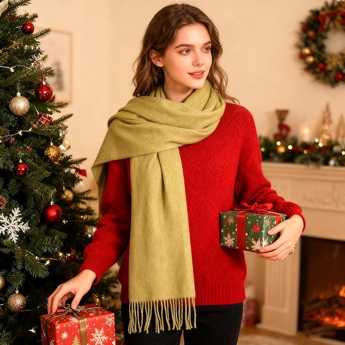 WASALUYA Wool Scarf for Women & Men, 100% Wool Scarves Wrap Shawl with Tassels, Elegant Soft Winter Scarf for Fall and Winter