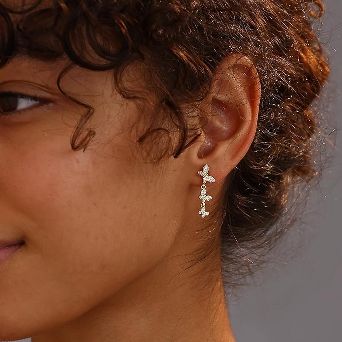 14K Gold Plated Butterfly Dangle Earrings for Women - Dainty, Trendy, Hypoallergenic CZ Drop Earrings - Simple Long Dangling Jewelry