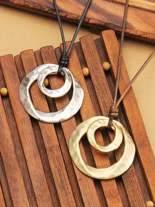 Long Boho Necklaces for Women Vintage Leather Wooden Pendant Y Choker Ethnic Style Gold Circle Hippie Sweater Necklace