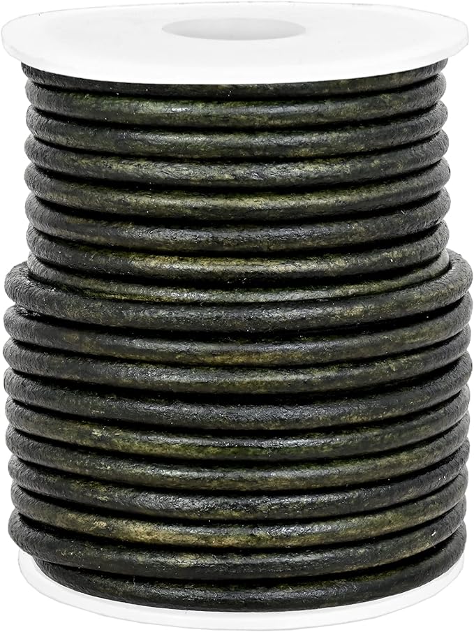 GENIQUE Real/Genuine Round Leather String Cord for Necklace, Bracelets, Jewelry, Kumihimo Braiding, DIY Projects (10 Metres) (3mm, Green Distressed)
