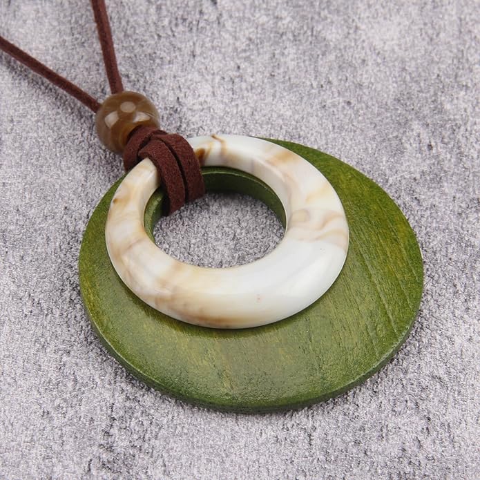 Long Boho Necklaces for Women Vintage Leather Wooden Pendant Y Choker Ethnic Style Gold Circle Hippie Sweater Necklace