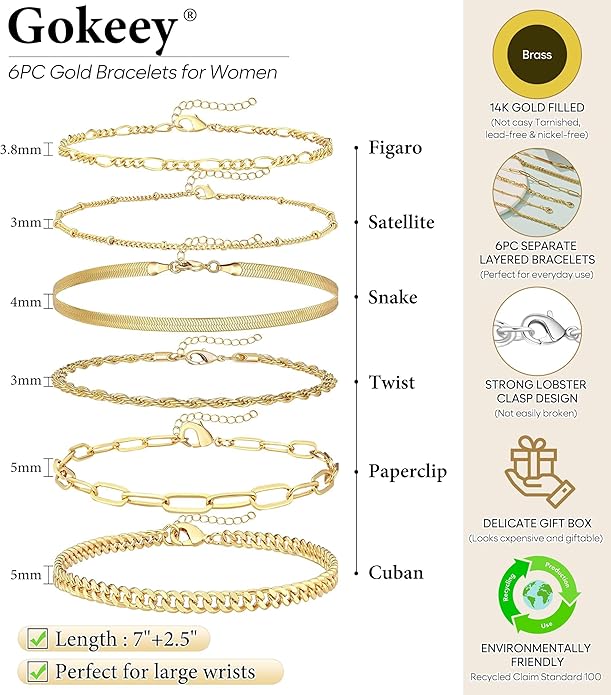 Gold Bracelets for Women Trendy,14K Gold Plated Dainty Stackable Paperclip Cuban Link Chain Bracelets, Simple Cute Cuff Bracelets Jewelry Set Adjustable 7"+2"